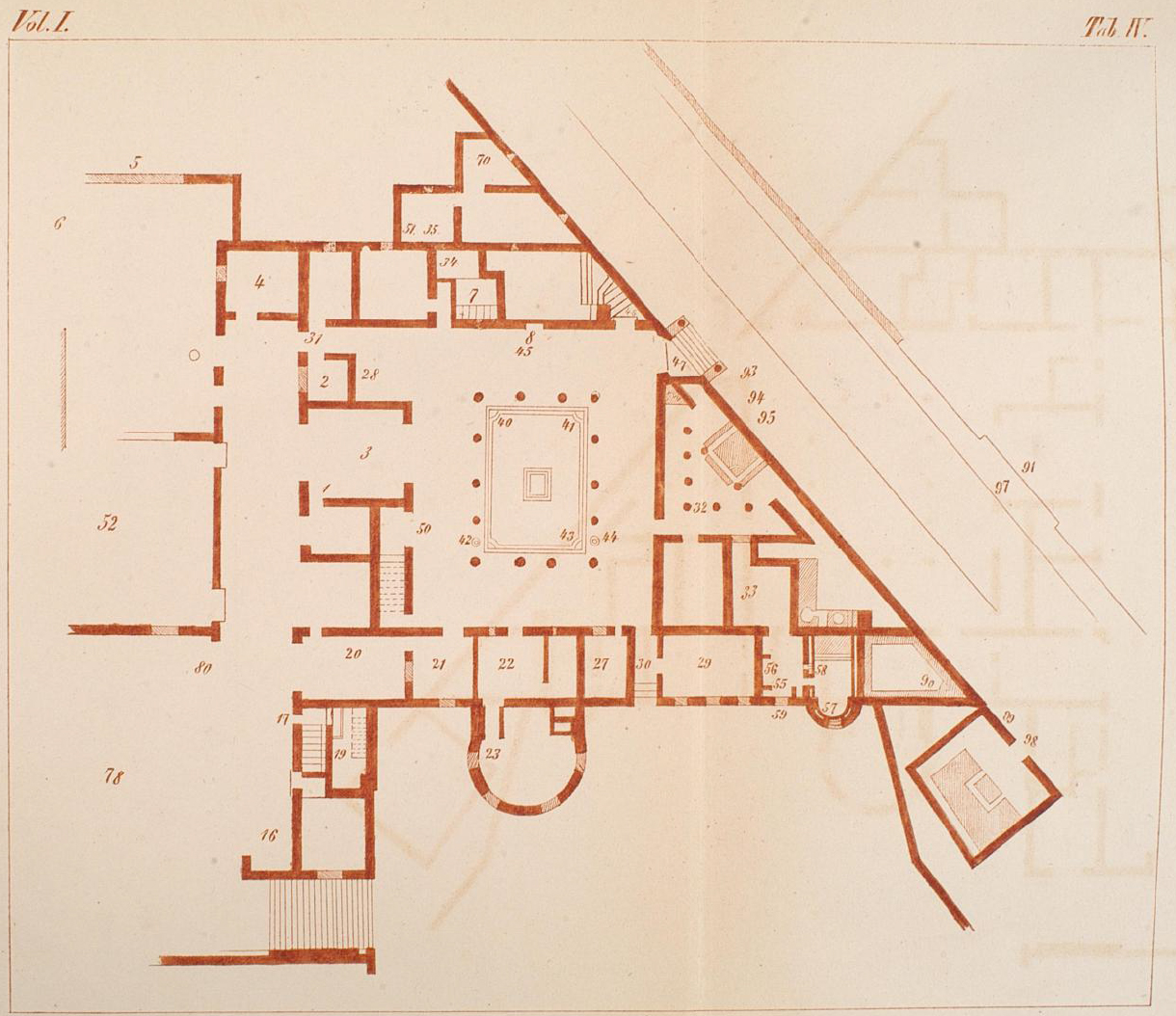 Villa of Diomedes. Plan of main floor by F. la Vega showing find locations reported in PAH.

See Fiorelli G., 1860. Pompeianarum antiquitatum historia, Vol. 1: 1748 to 1818, Naples, Tab. IV, pp. 118-133, p. 156-160, p. 276-280.

See PAH, 1,1, addendum, p.156 - 9 Febbraio 1771. Commincia lo scoprimento della casa di campagna, detta di Arrio Diomede. 

(“9th February 1771. Began the uncovering of the country house, said to be of Arrio Diomede.”) 
